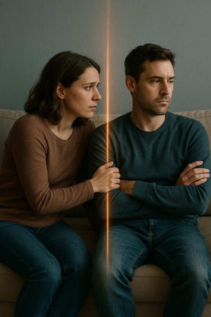 Couple showing different attachment styles, one seeking closeness and the other pulling away.