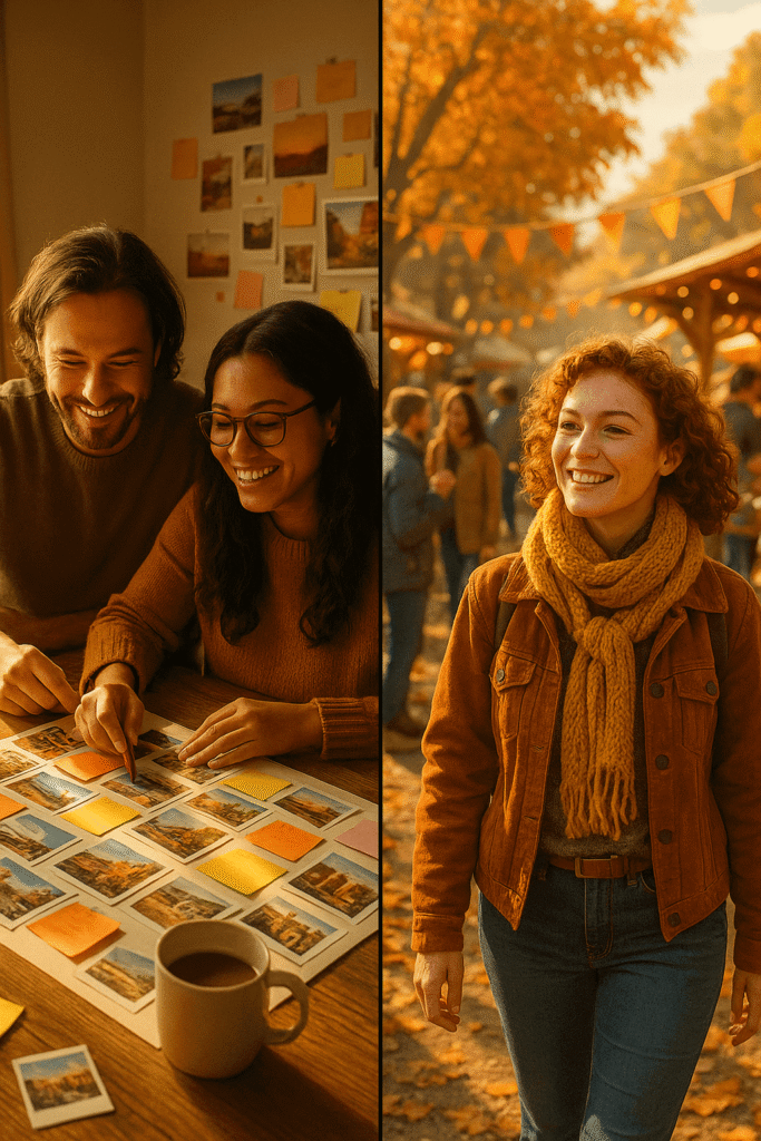 Couple making a vision board together and a single person enjoying a local autumn event, symbolizing October 1st relationship growth.