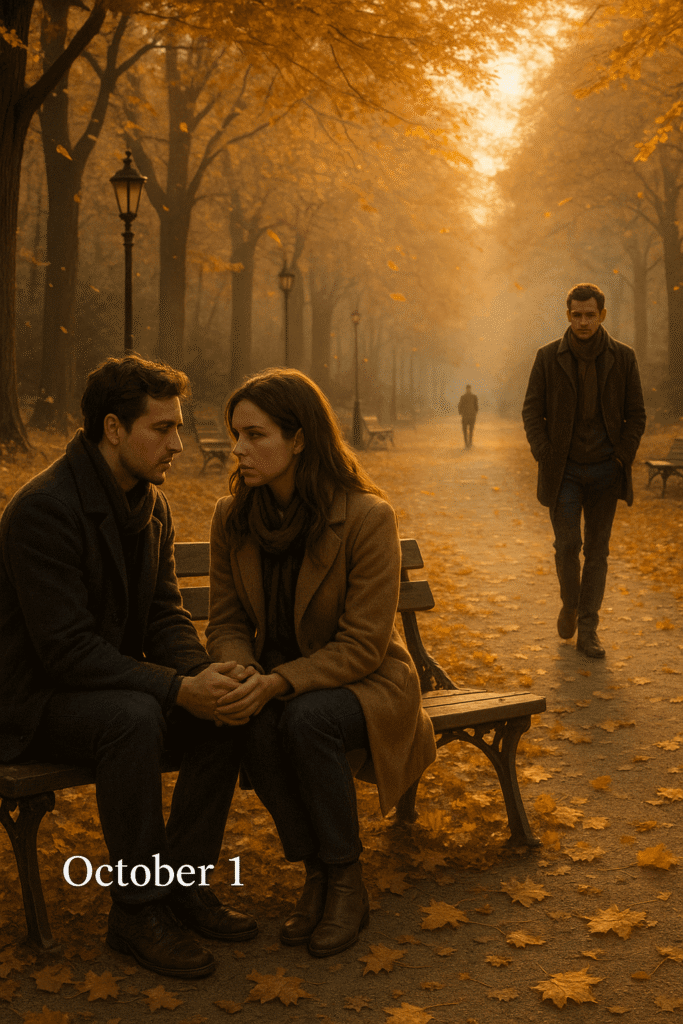 Couple reflecting on their relationship and a single person walking alone on October 1st in a golden autumn park.