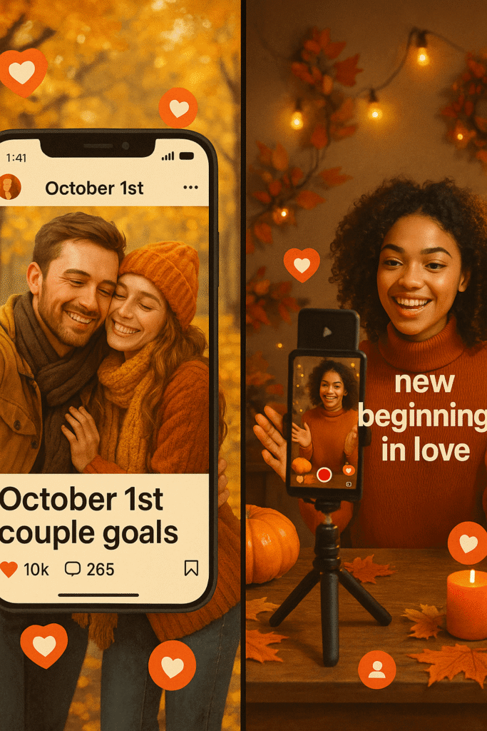 Couple posting October 1st couple goals on Instagram and a person making a TikTok about love and new beginnings.