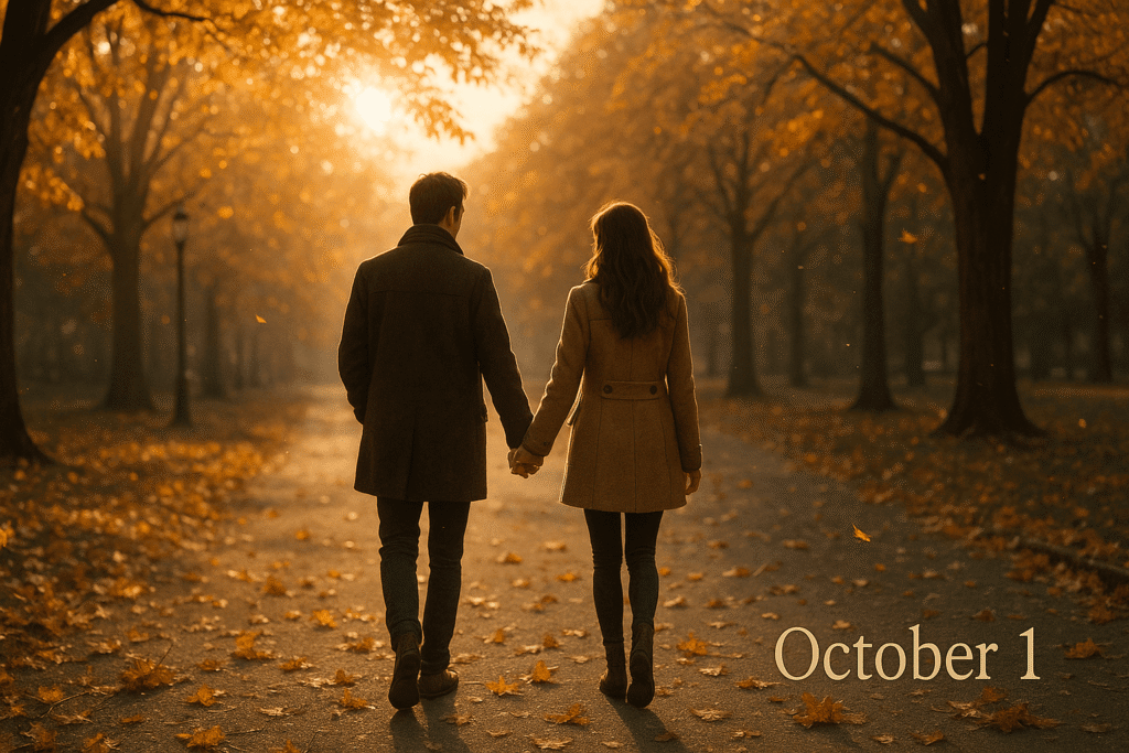 Couple walking through a park on October 1st surrounded by golden autumn leaves, symbolizing love and reflection.