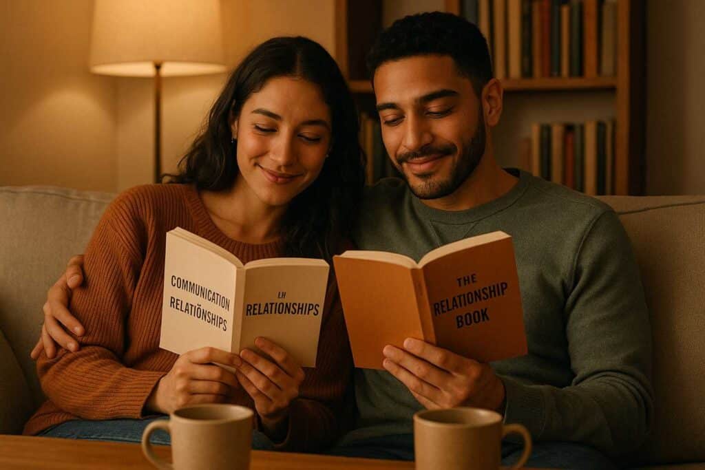 Couple reading books on communication to strengthen their relationship.