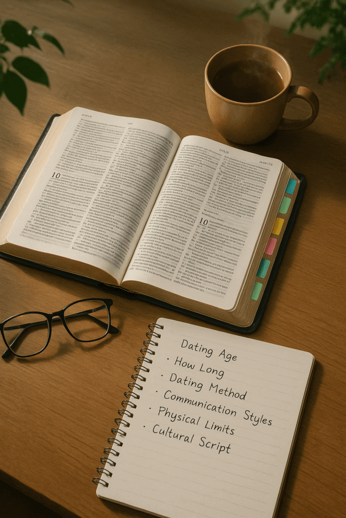 Open Bible with notes listing dating topics not directly addressed in Scripture, surrounded by glasses, tea, and greenery.