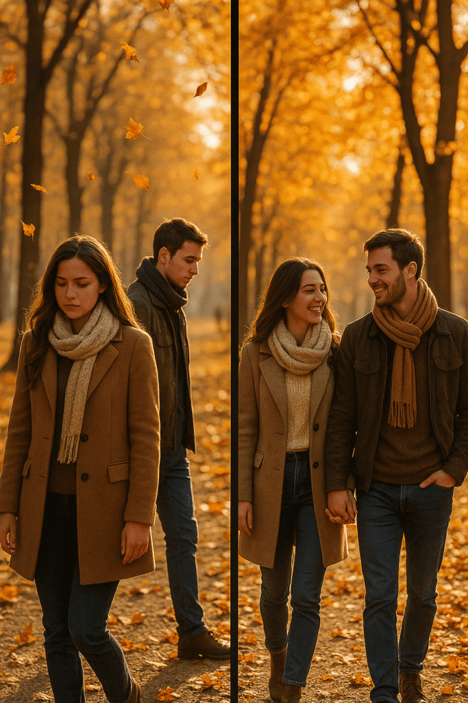 Split-scene showing one couple parting and another couple staying together, symbolizing the October Theory in relationships.