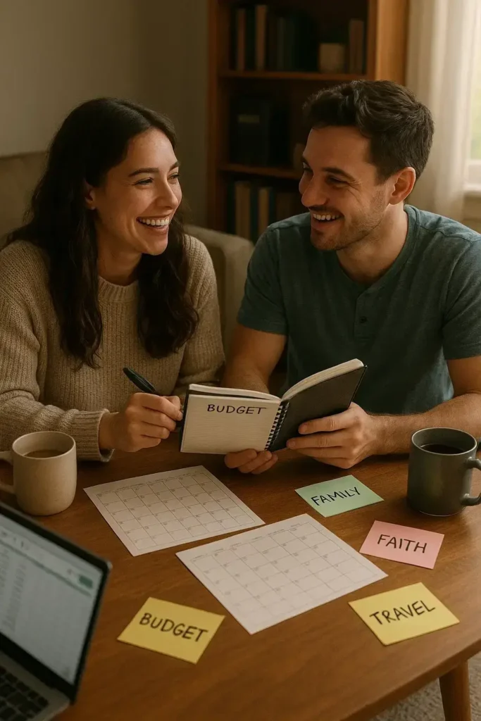 Couple discussing budget and life plans at a table with notes on faith, family, and future goals.