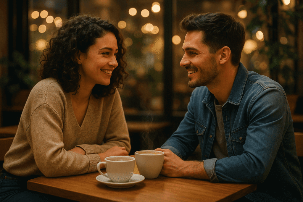 A smiling couple sitting in a warm, cozy coffee shop, enjoying conversation over steaming coffee cups with blurred fairy lights in the background.