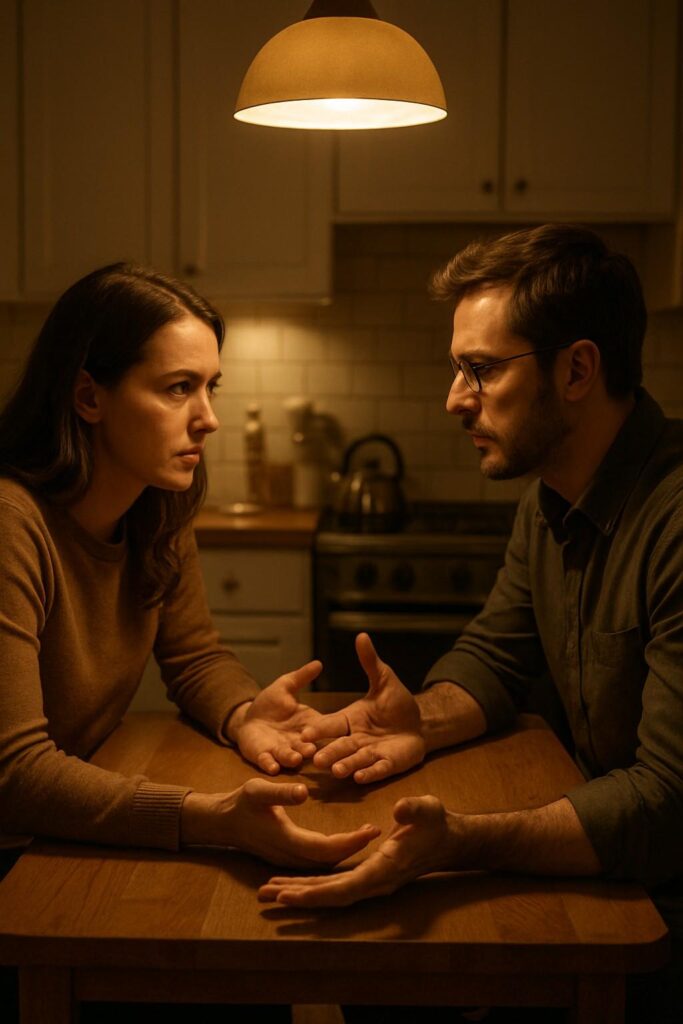 Couple having a calm but serious discussion during a crucial conversation.