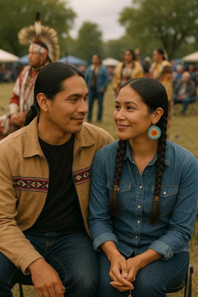 Native American couple sharing a moment at a cultural gathering, showing the role of family, community, and tradition in dating.