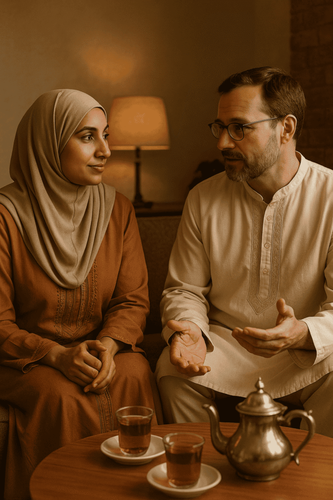 Couple respectfully discussing cultural and faith differences, showing understanding and maturity.