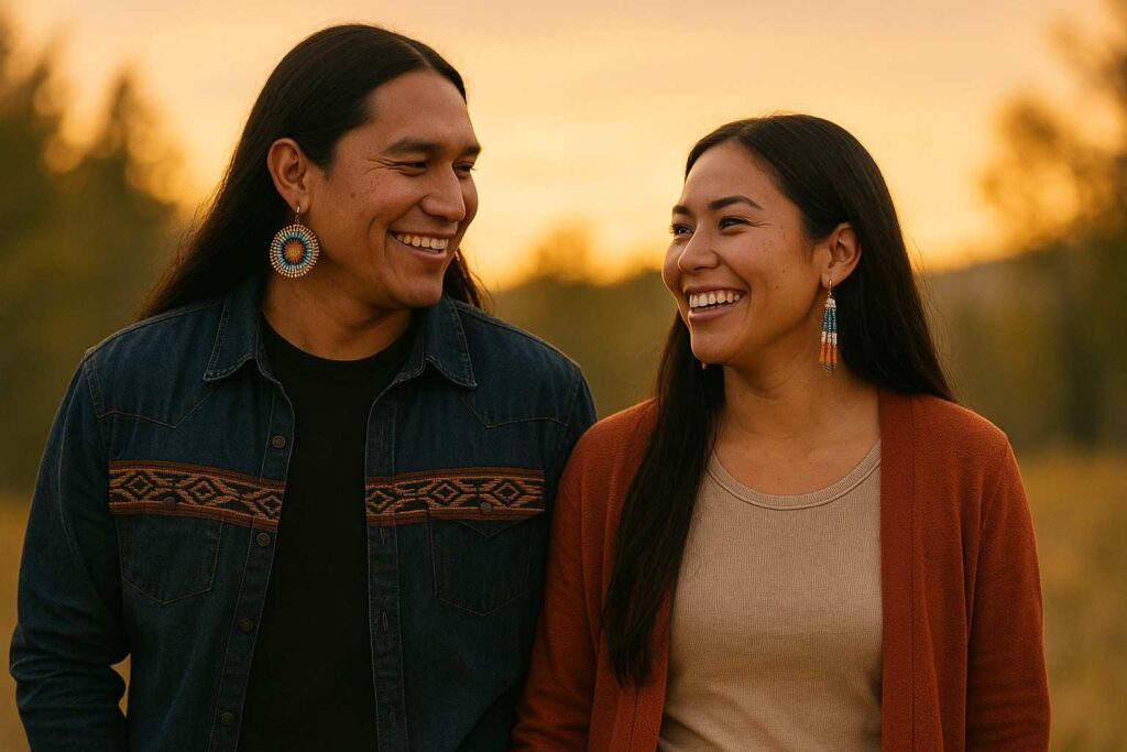 Native American man and woman walking together outdoors, symbolizing online dating and cultural connection.