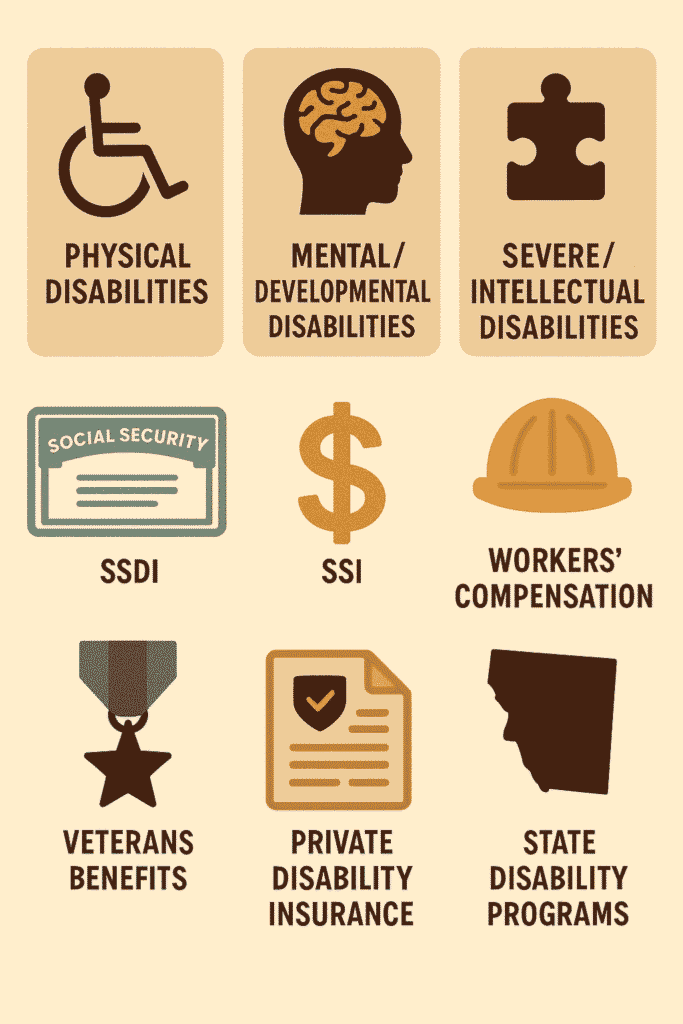 Infographic showing types of disabilities and related benefits, including SSDI, SSI, veterans benefits, and more