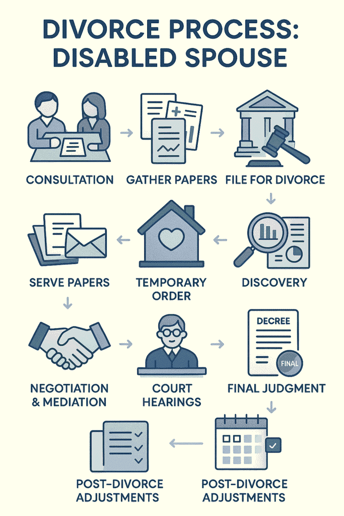 Step-by-step timeline for divorcing a disabled spouse, from consultation to post-divorce adjustments