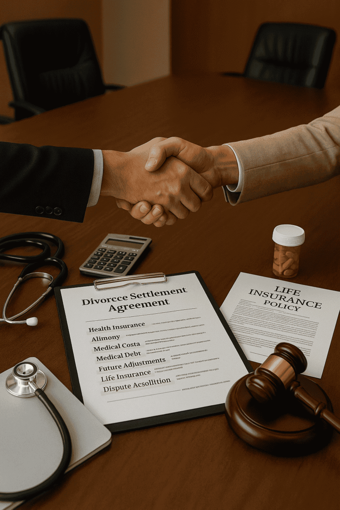 Divorce settlement agreement with clauses for health insurance, alimony, medical costs, and dispute resolution