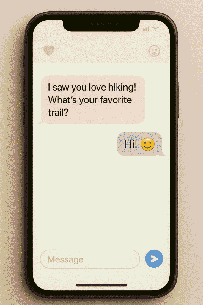 Smartphone showing examples of first messages that get replies, highlighting curiosity and friendly conversation.
