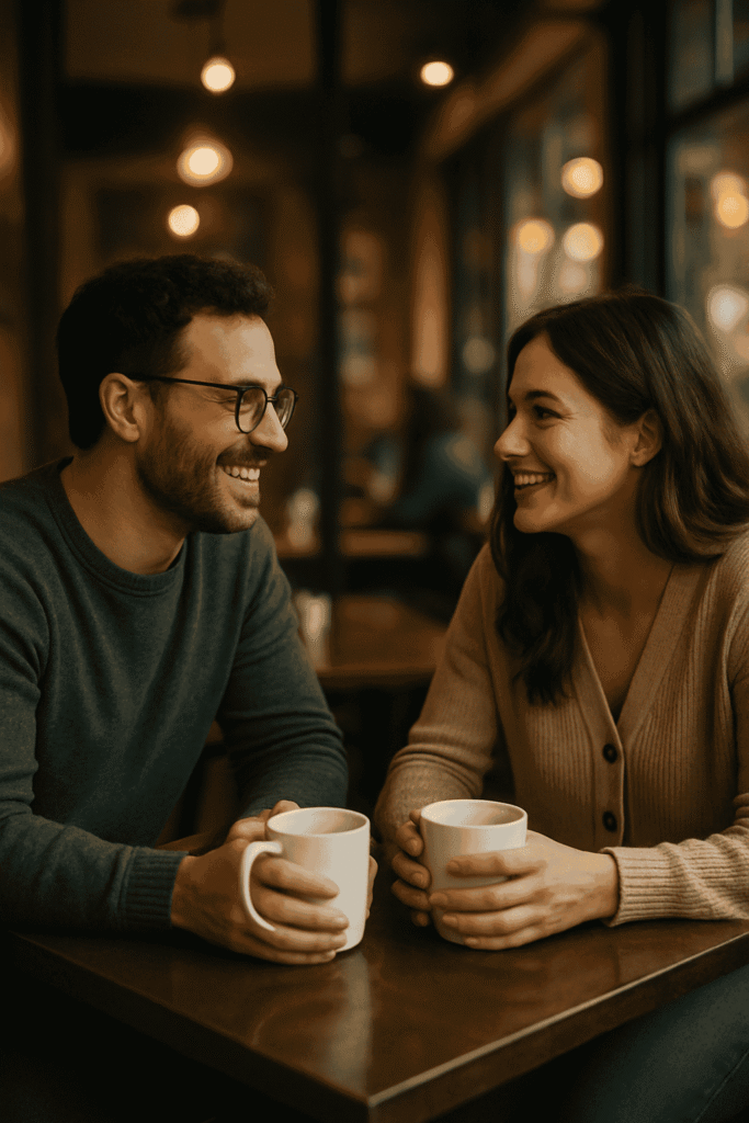 Man and woman enjoying relaxed conversation at a café, symbolizing dating as connection and getting to know each other.