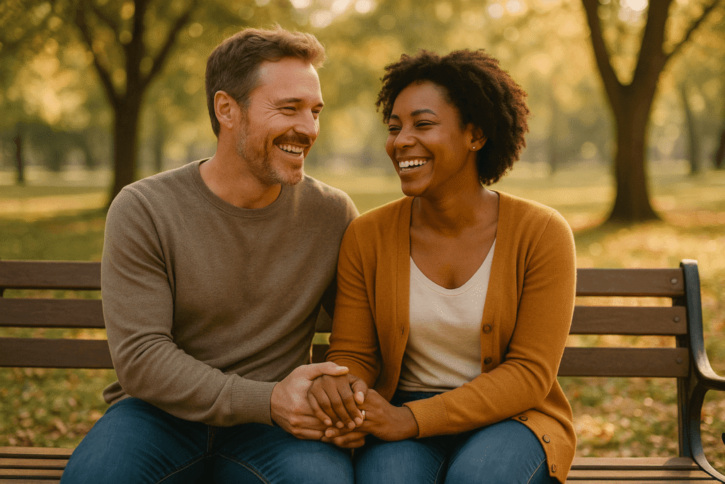 Happy couple holding hands and smiling, symbolizing a healthy relationship built on trust and love