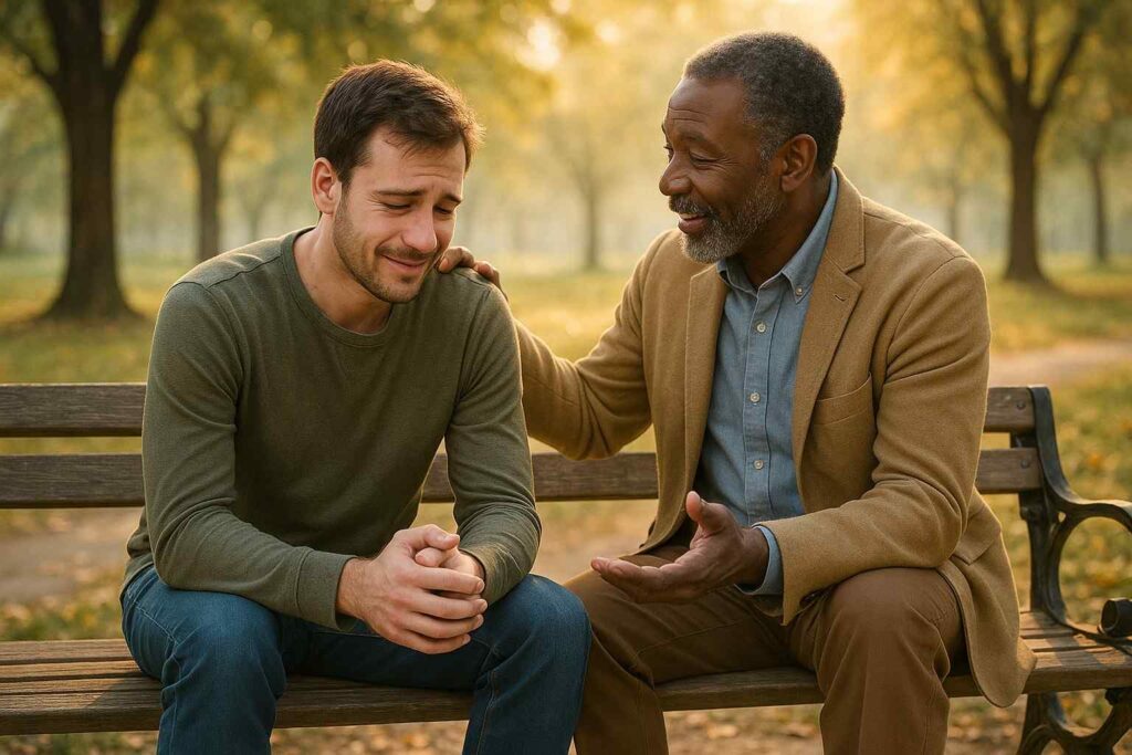 Two people talking on a park bench, one offering comfort and guidance to the other.