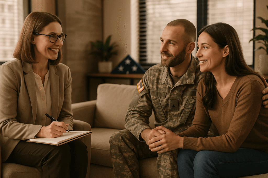 Military couple in marriage counseling session with therapist discussing TRICARE coverage.