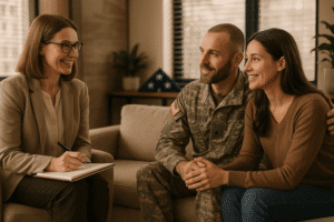 Military couple in marriage counseling session with therapist discussing TRICARE coverage.