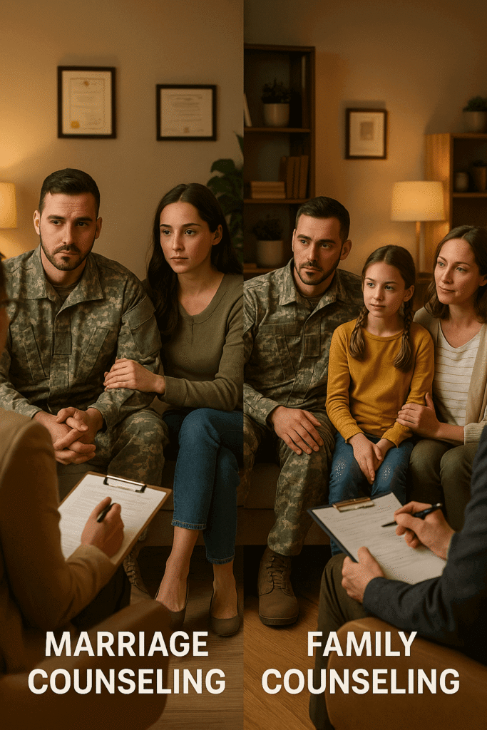 Visual comparison of marriage counseling and family counseling sessions for military families under TRICARE.