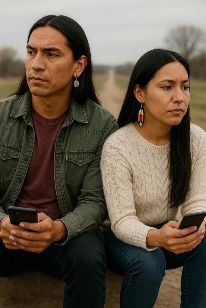 Native American man and woman reflecting on online dating challenges, symbolizing distance, cultural balance, and trust.