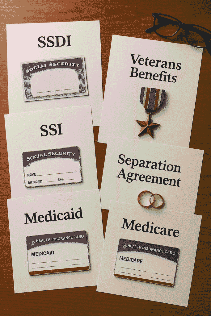 Documents representing SSDI, SSI, veterans benefits, Medicaid, and Medicare on a desk with wedding rings and divorce papers