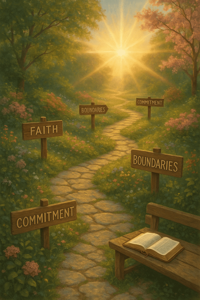 Peaceful garden path with milestone signs and an open Bible, symbolizing a biblical dating journey guided by God.