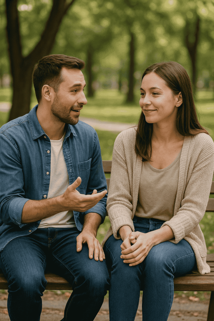 Couple having a respectful conversation, showing consent, boundaries, and safety in dating.