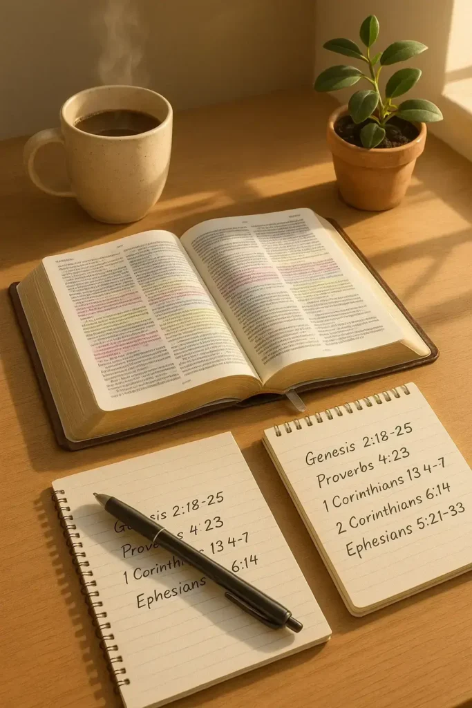Open Bible with highlighted verses and a notepad listing key scriptures on love, marriage, and relationships.