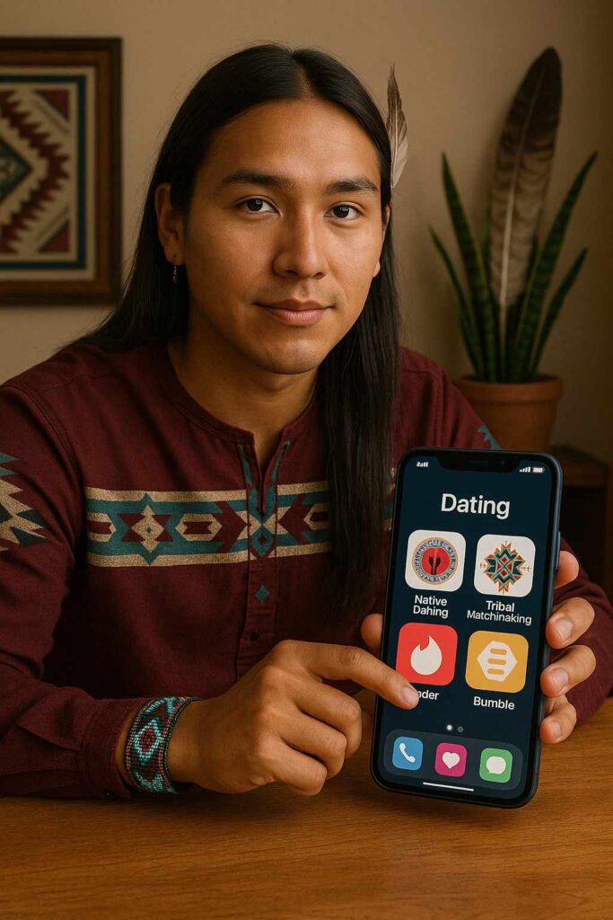 Native American couple exploring online dating apps on a smartphone, blending culture with modern platforms.