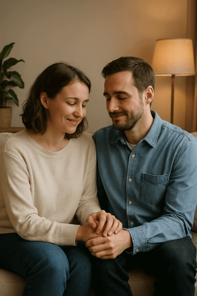Couple holding hands after an argument, symbolizing healthy conflict and repair in a relationship
