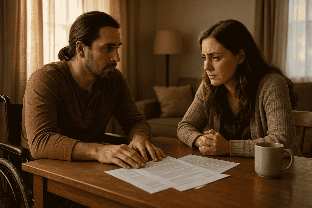 Couple discussing divorce paperwork at home, with one spouse in a wheelchair