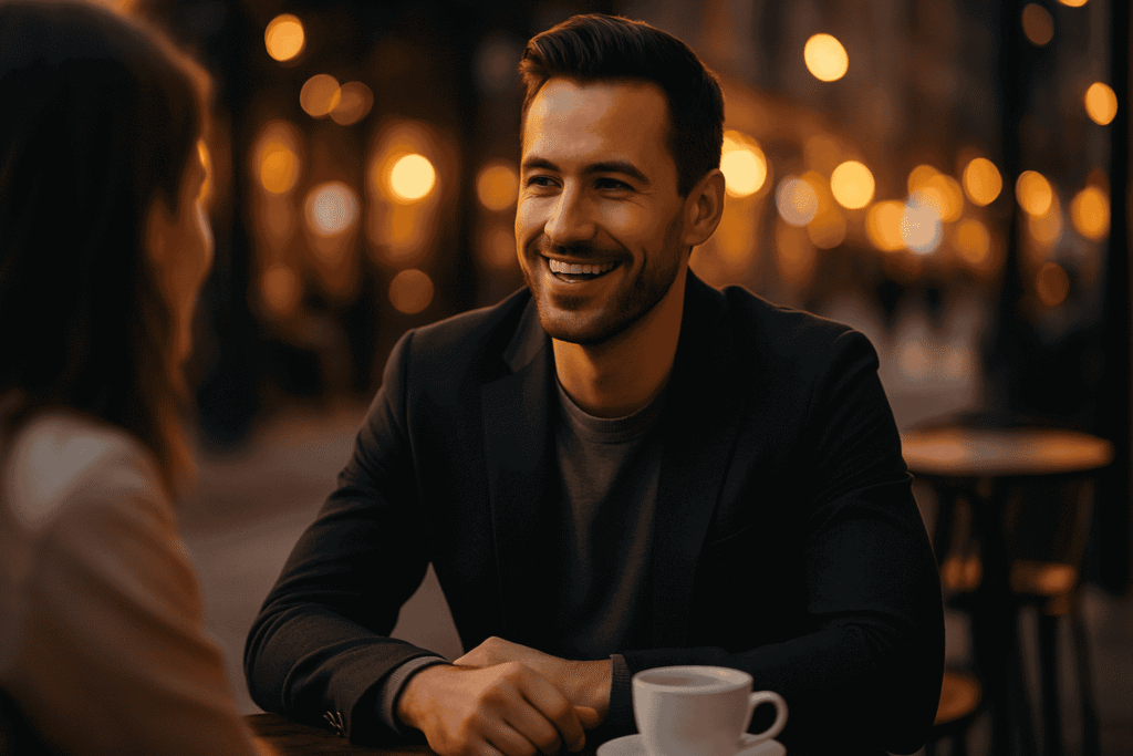 Confident man smiling during a first date at an outdoor café, symbolizing modern dating tips and advice for men.