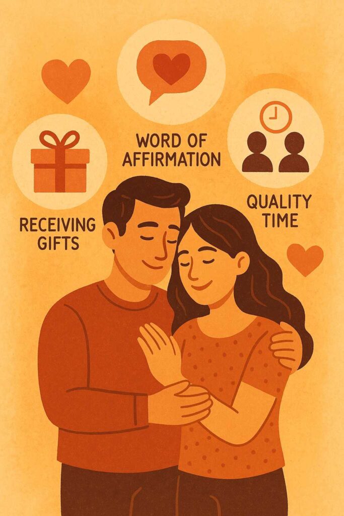 Couple surrounded by symbols of the five love languages, touch, gifts, service, words, and quality time.