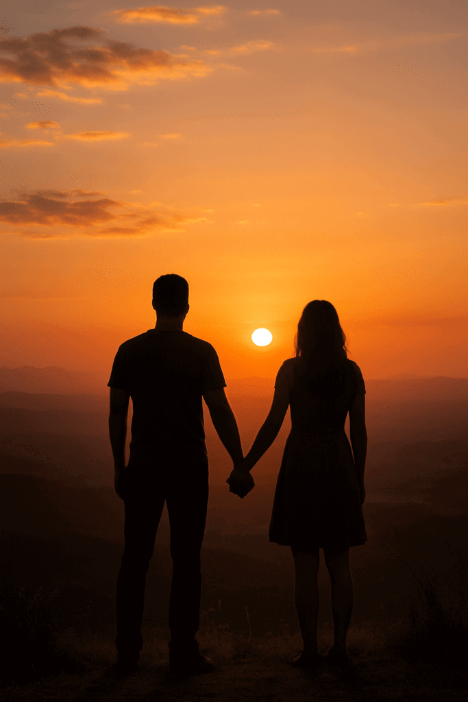Couple holding hands at sunset, looking toward the horizon together as a symbol of shared values and direction