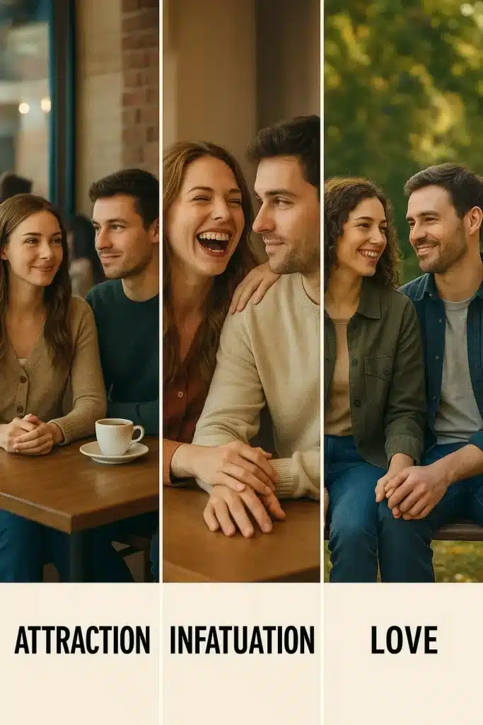 Three realistic scenes showing attraction, infatuation, and love in relationships — from sparks, to obsession, to genuine connection.
