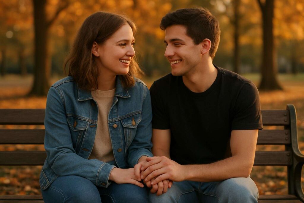 A real couple sitting on a park bench, smiling warmly while holding hands with natural and realistic fingers.