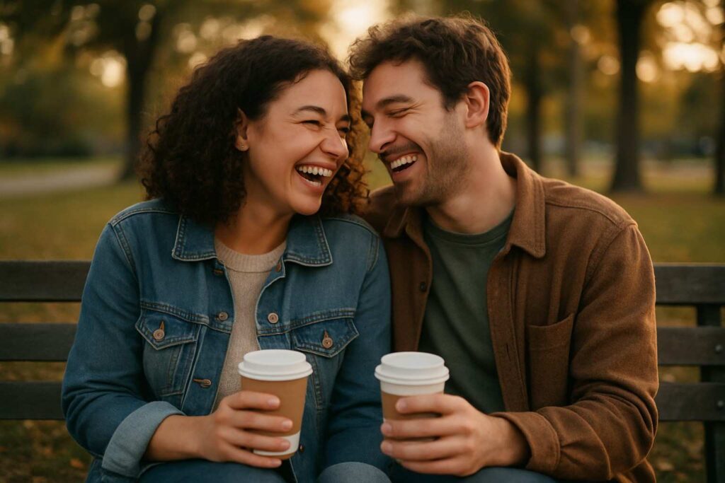 Real couple sharing a candid laugh on a park bench, symbolizing falling in love in a week.