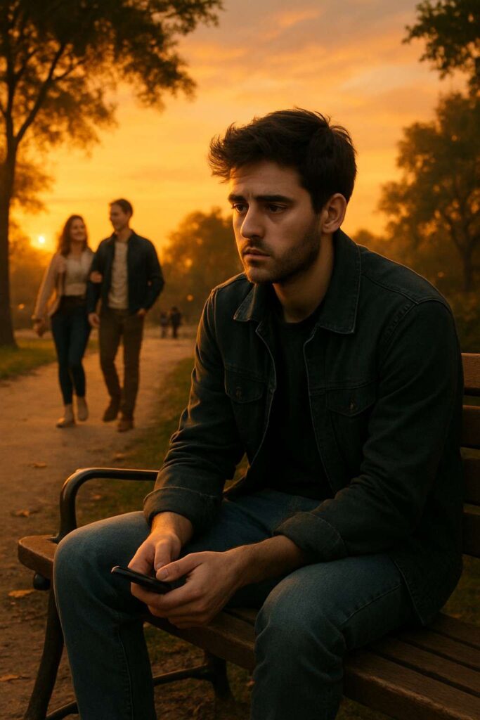 Man sitting alone with phone in hand while couples walk by, symbolizing the challenges of finding true love.