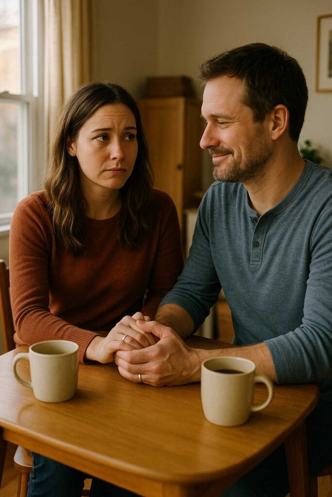 A husband holds his wife’s hand at the table, reassuring her with a gentle smile.