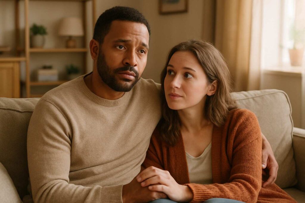 A husband gently holding his wife’s hand on the couch, showing care and emotion in a quiet, intimate moment.