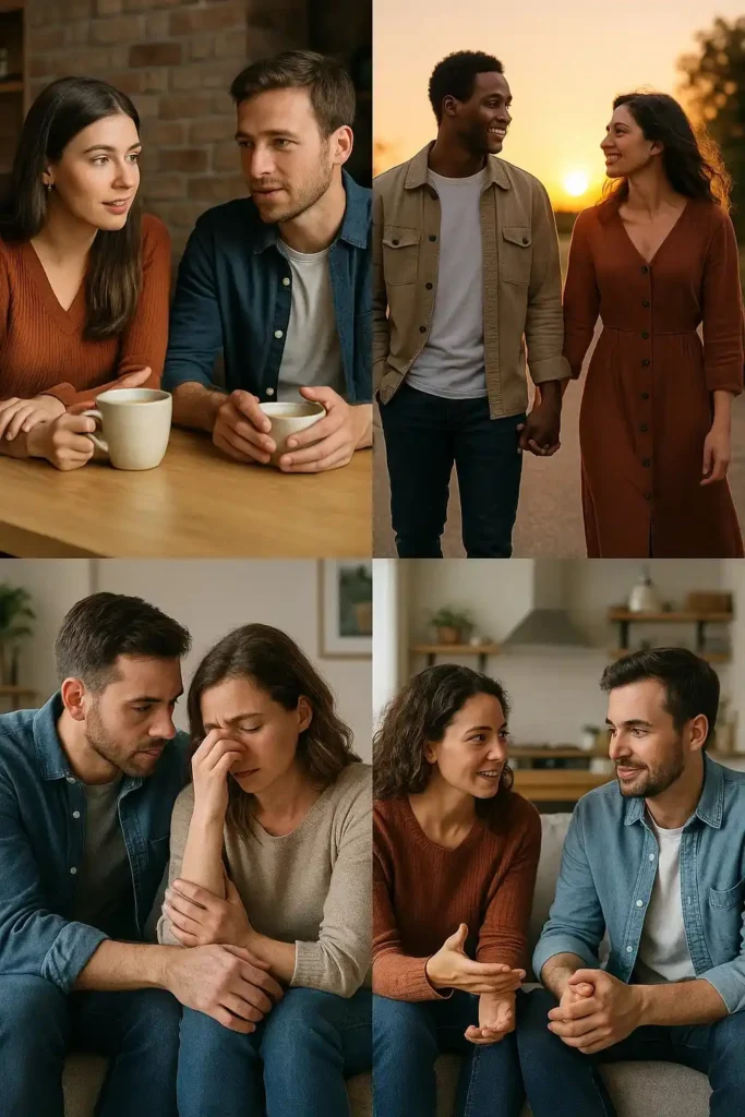 Couples showing factors that speed love — shared experiences, personality traits, life circumstances, and open communication.