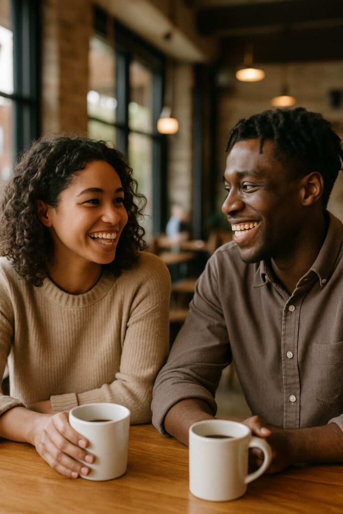 Young couple in a U.S. café sharing a natural conversation about love and culture.