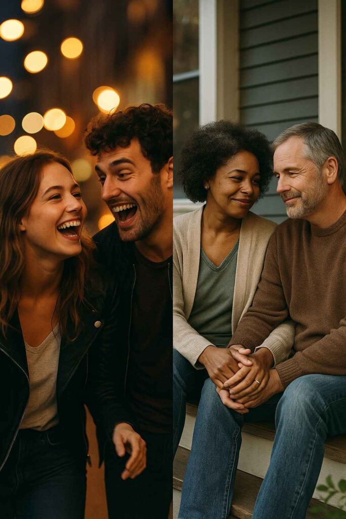 Comparison of infatuation and true love through two couples — one showing excitement, the other showing steady trust and connection.