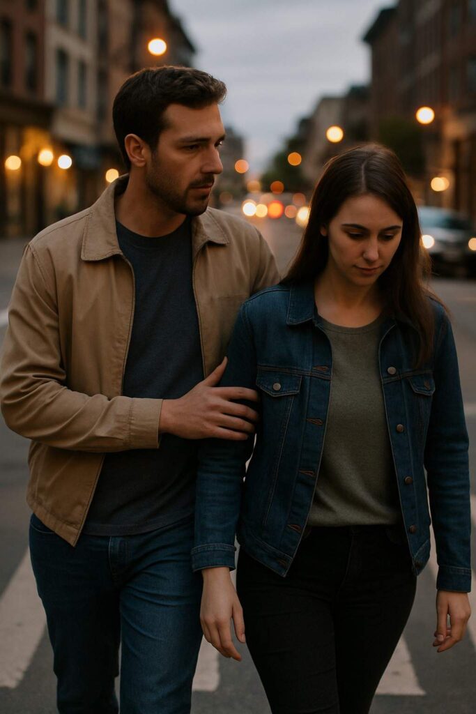 A real man showing love by protecting and guiding his partner with care.