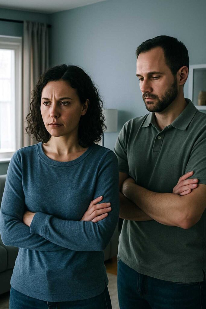 A couple standing apart in their living room, showing tension and emotional disconnection.