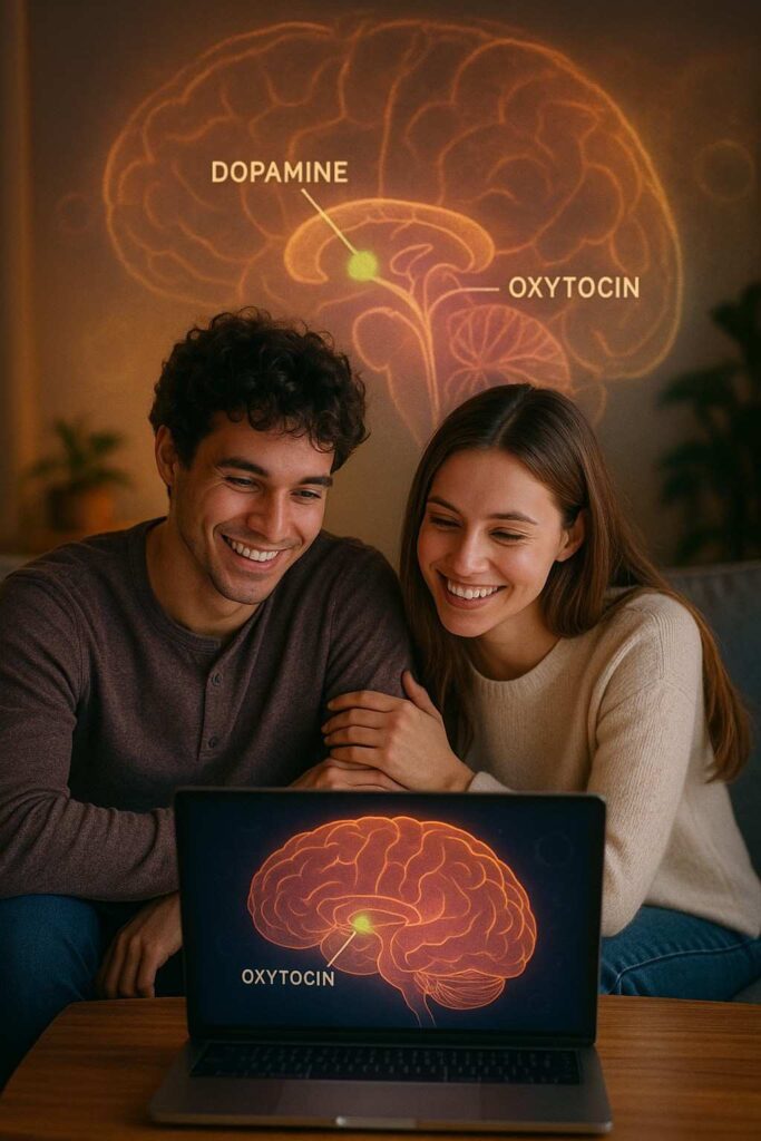 Couple exploring the science of love with a brain illustration, symbolizing the link between emotions and chemistry.