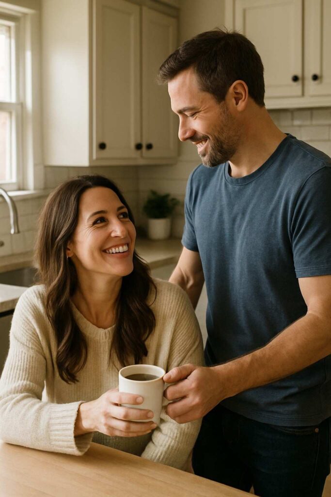 A husband brings his wife a cup of coffee in the kitchen, showing everyday love and care.