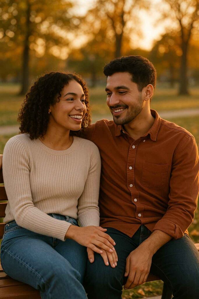 Couple sitting on a park bench, smiling and sharing an intimate conversation.