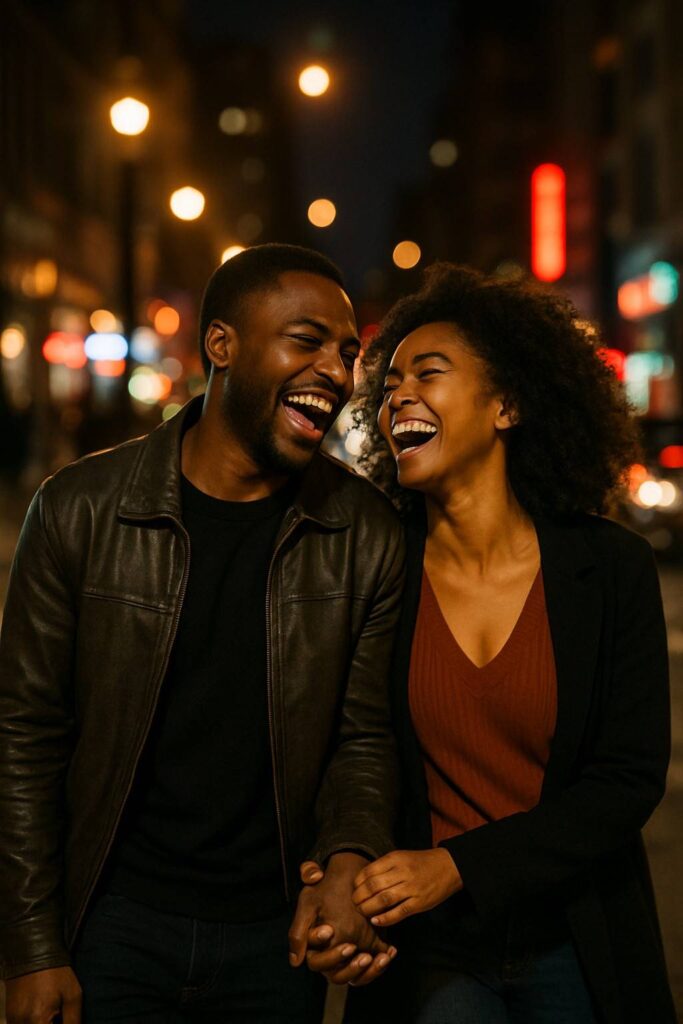 Couple walking hand in hand at night, sharing laughter in a whirlwind romance.